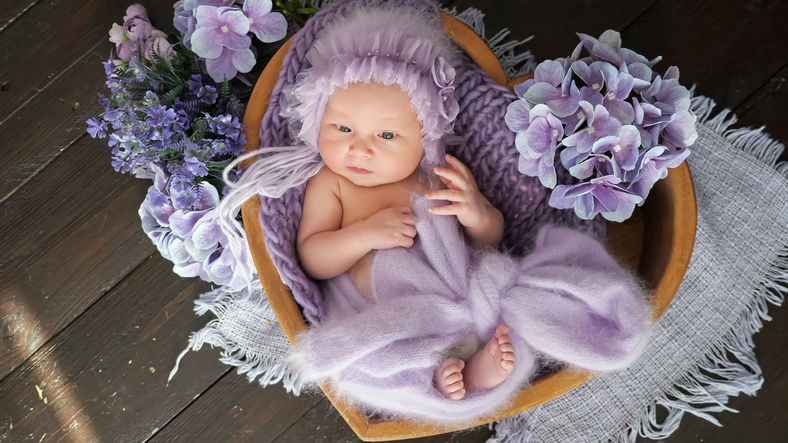 紫色の花の中のハート型のバスケットに入った新生児の女の子